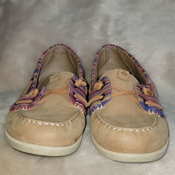 SPERRY TOP-SIDER TAN WITH PINK STRIPES LEATHER BOAT SHOES, SIZE 7.5 - Picture 3 of 10